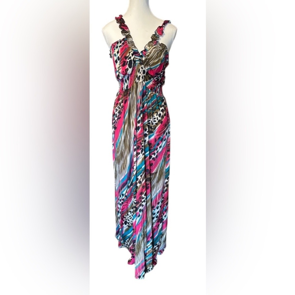Hot Pink and Blue Animal Print Sleeveless Halter Dress (Prom/Resort Wear), 2X